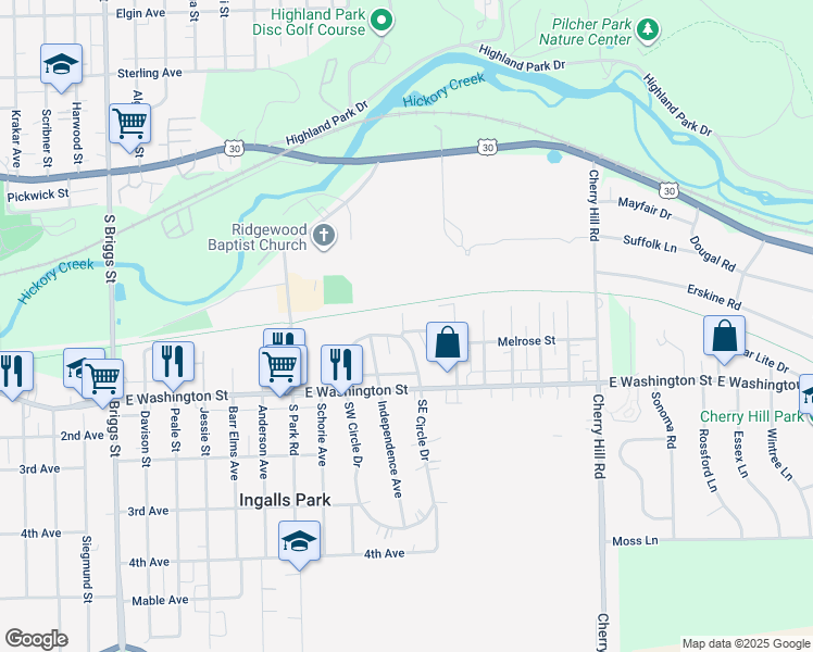 map of restaurants, bars, coffee shops, grocery stores, and more near 2101 Lorraine Avenue in Joliet
