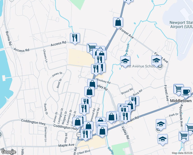 map of restaurants, bars, coffee shops, grocery stores, and more near 811 West Main Road in Middletown