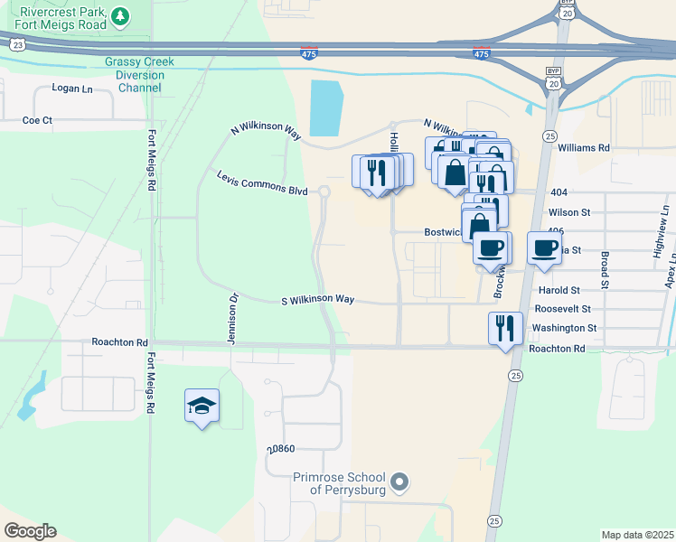 map of restaurants, bars, coffee shops, grocery stores, and more near 7100 South Wilkinson Way in Perrysburg
