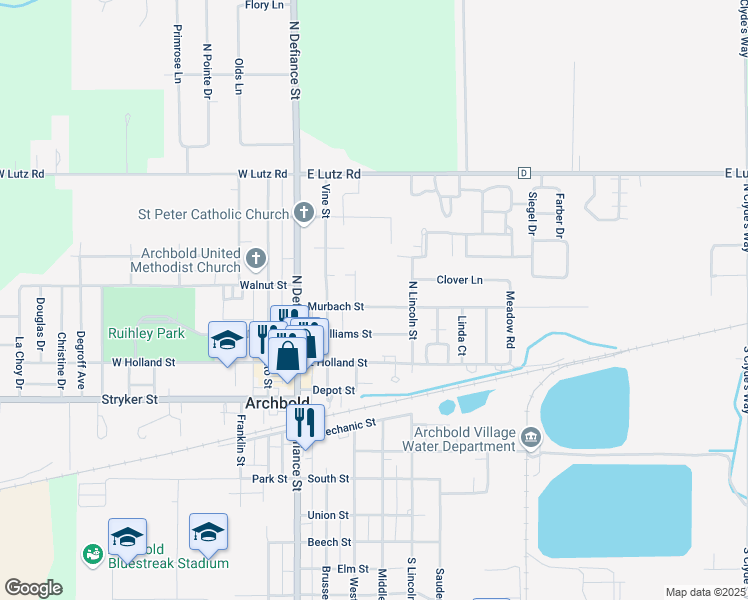 map of restaurants, bars, coffee shops, grocery stores, and more near 305 Murbach Street in Archbold