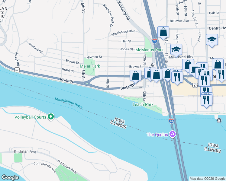 map of restaurants, bars, coffee shops, grocery stores, and more near 845 State Street in Bettendorf