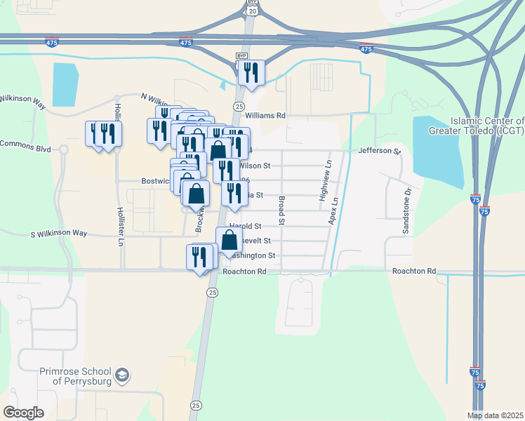 map of restaurants, bars, coffee shops, grocery stores, and more near 12491 Fort Meigs Boulevard in Perrysburg