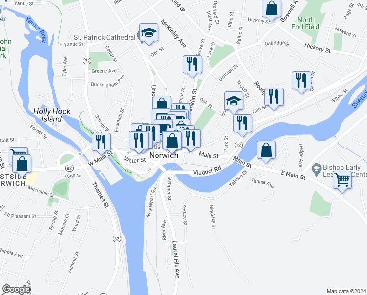 map of restaurants, bars, coffee shops, grocery stores, and more near 252 Main Street in Norwich