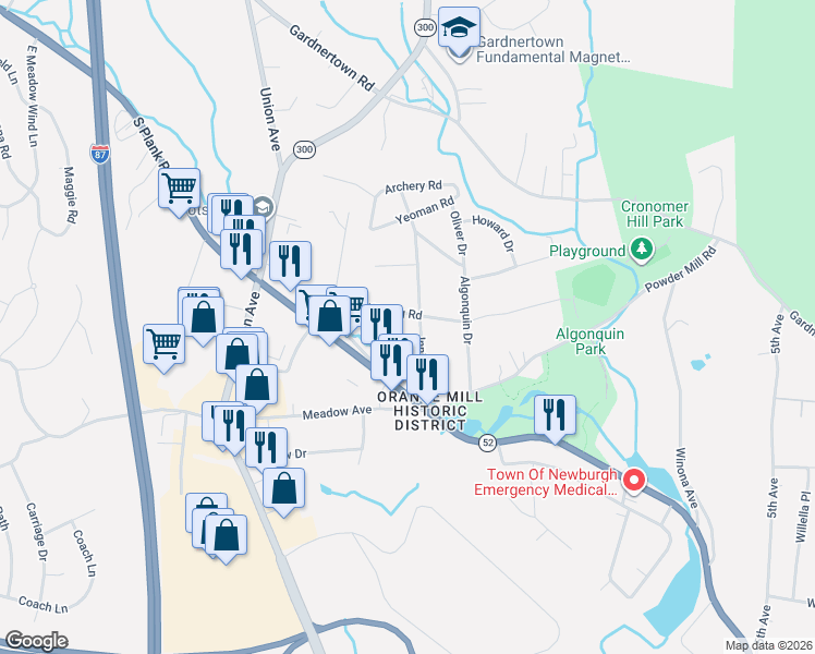 map of restaurants, bars, coffee shops, grocery stores, and more near 15 Innis Avenue in Newburgh