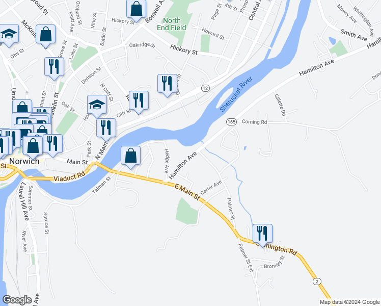 map of restaurants, bars, coffee shops, grocery stores, and more near 70 Hamilton Avenue in Norwich