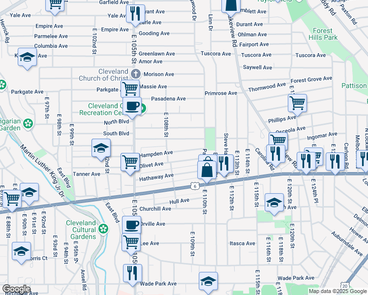 map of restaurants, bars, coffee shops, grocery stores, and more near 10916 Hampden Avenue in Cleveland