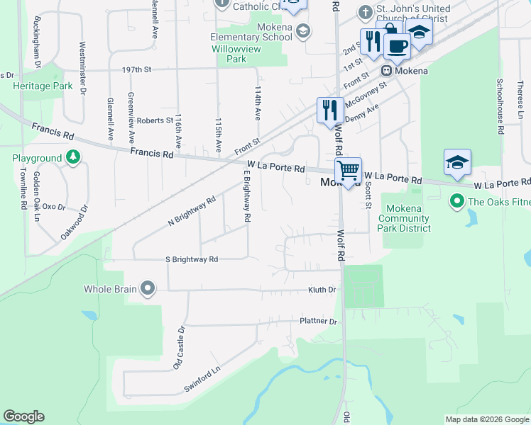 map of restaurants, bars, coffee shops, grocery stores, and more near 20043 114th Avenue in Mokena