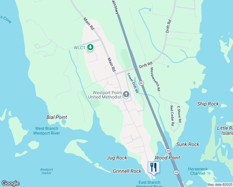 map of restaurants, bars, coffee shops, grocery stores, and more near 1893 Main Road in Westport