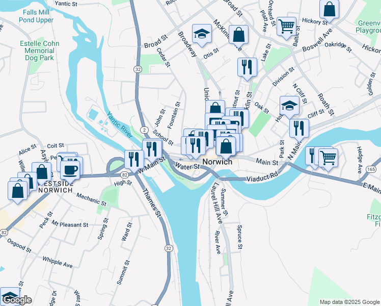map of restaurants, bars, coffee shops, grocery stores, and more near 42 Church Street in Norwich