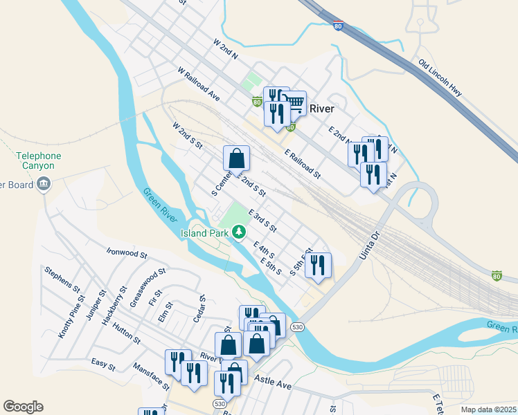 map of restaurants, bars, coffee shops, grocery stores, and more near 143-199 South 2nd East in Green River