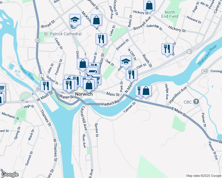map of restaurants, bars, coffee shops, grocery stores, and more near in Norwich