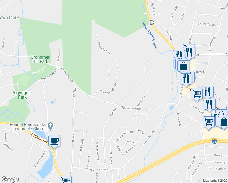 map of restaurants, bars, coffee shops, grocery stores, and more near 90 Gardnertown Road in Newburgh