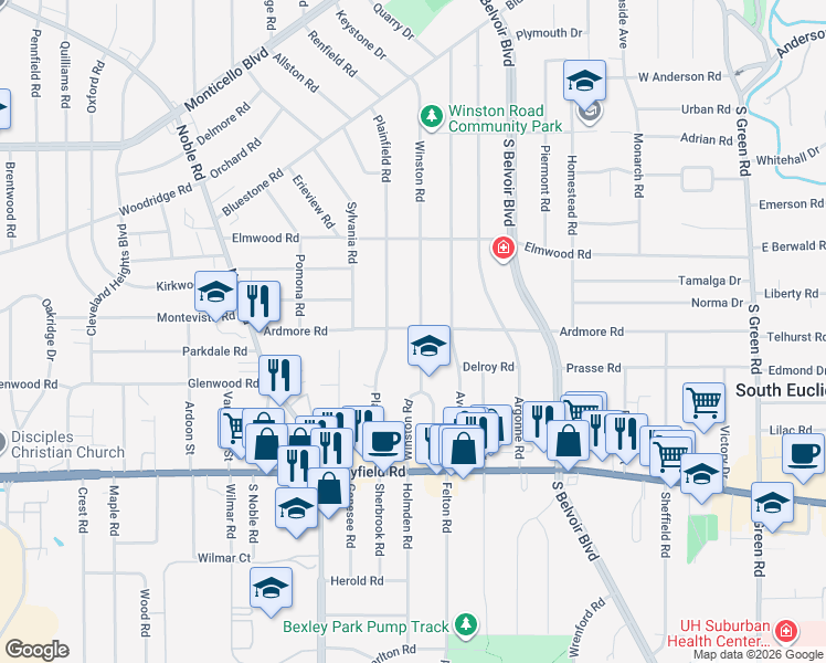 map of restaurants, bars, coffee shops, grocery stores, and more near 1303 Winston Road in South Euclid