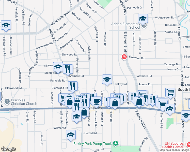 map of restaurants, bars, coffee shops, grocery stores, and more near 1304 Plainfield Road in South Euclid