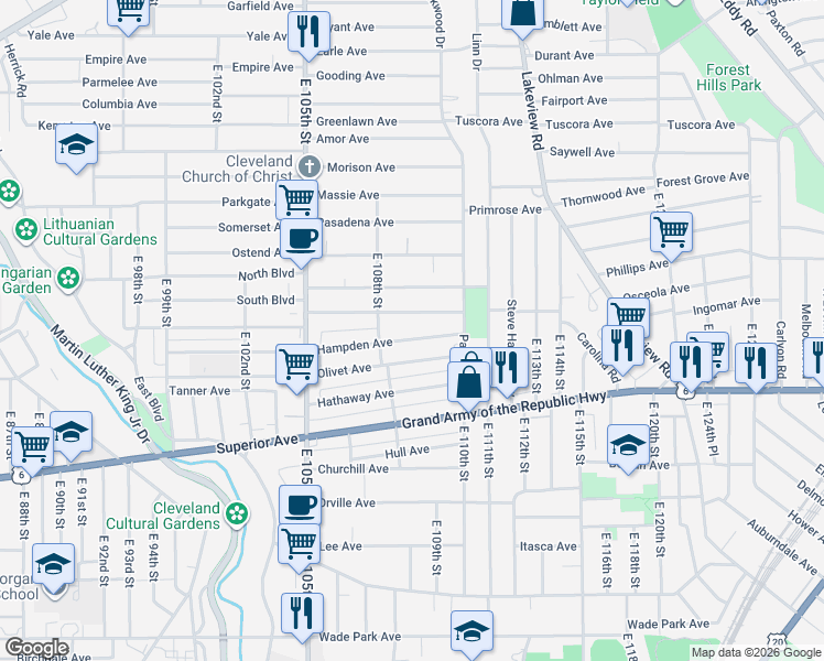 map of restaurants, bars, coffee shops, grocery stores, and more near 10822 Hampden Avenue in Cleveland