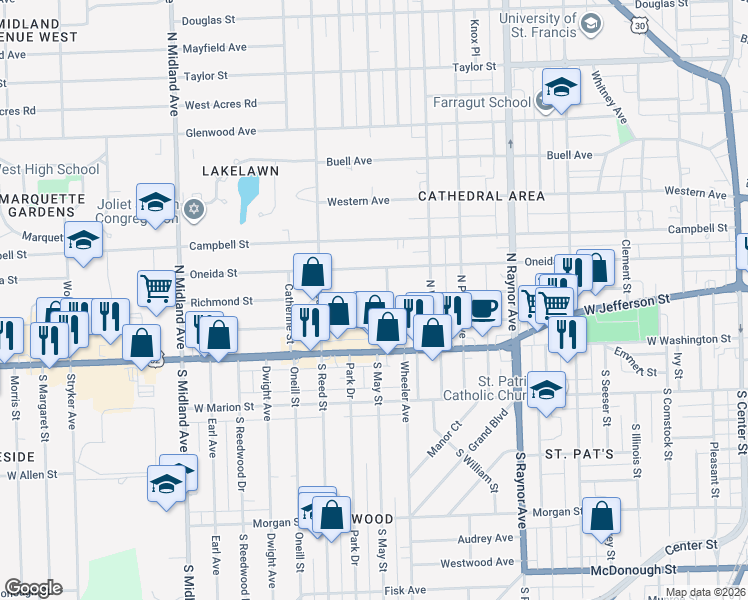 map of restaurants, bars, coffee shops, grocery stores, and more near 107 North May Street in Joliet
