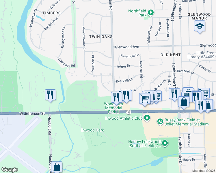 map of restaurants, bars, coffee shops, grocery stores, and more near 112 Twin Oaks Drive in Joliet