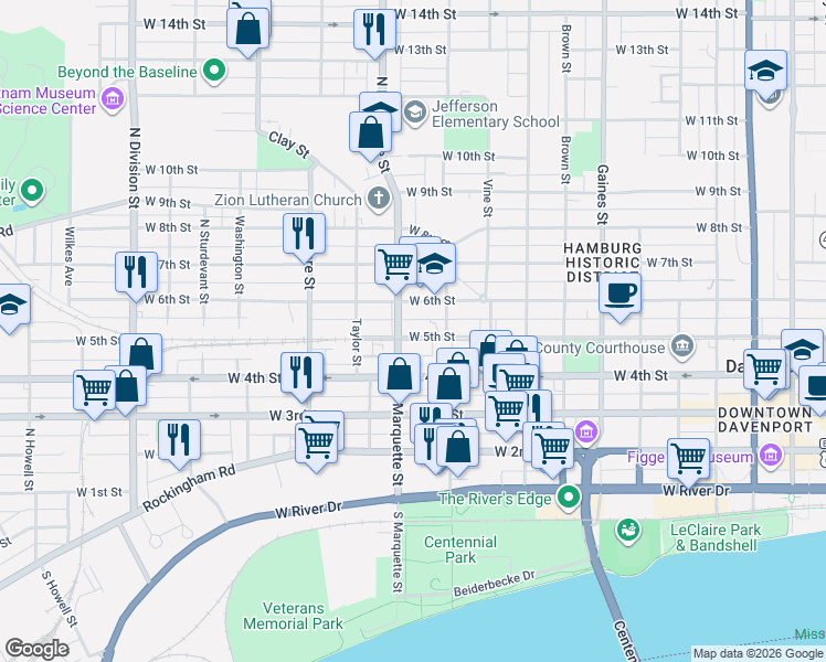 map of restaurants, bars, coffee shops, grocery stores, and more near 430 North Marquette Street in Davenport
