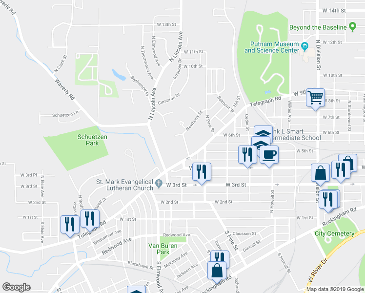 map of restaurants, bars, coffee shops, grocery stores, and more near 524 Lincoln Court in Davenport