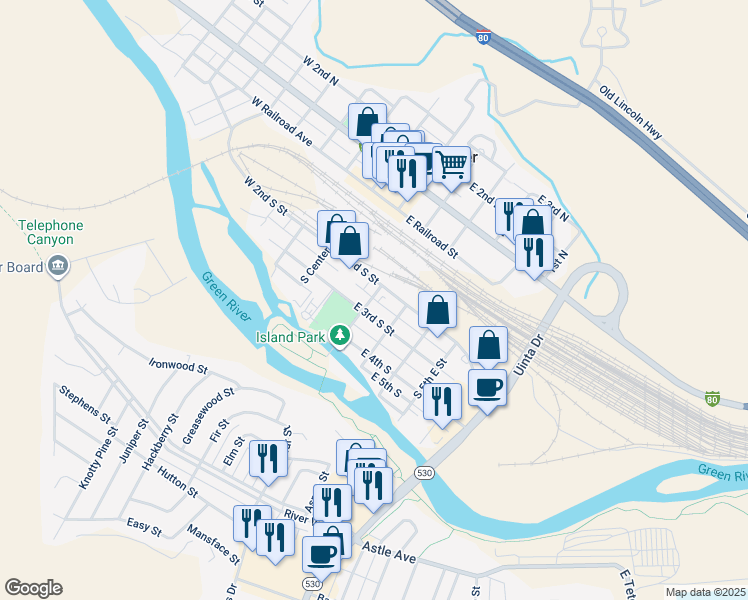 map of restaurants, bars, coffee shops, grocery stores, and more near 143 South 2nd East in Green River