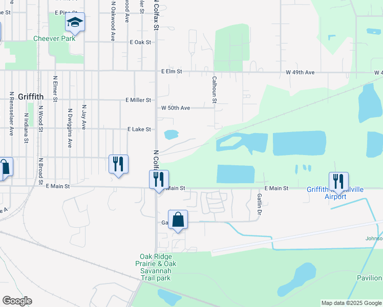 map of restaurants, bars, coffee shops, grocery stores, and more near 201 North Colfax Street in Griffith