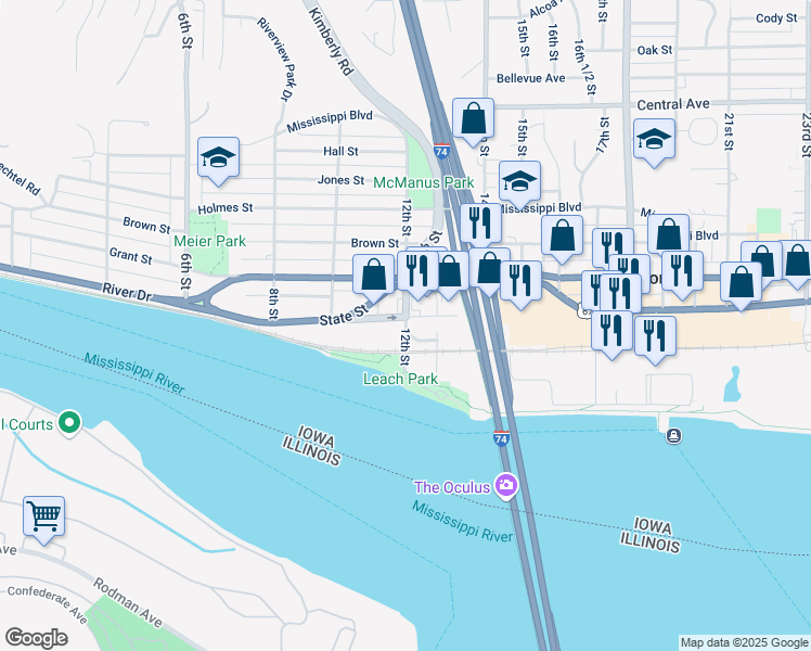 map of restaurants, bars, coffee shops, grocery stores, and more near 217 12th Street in Bettendorf