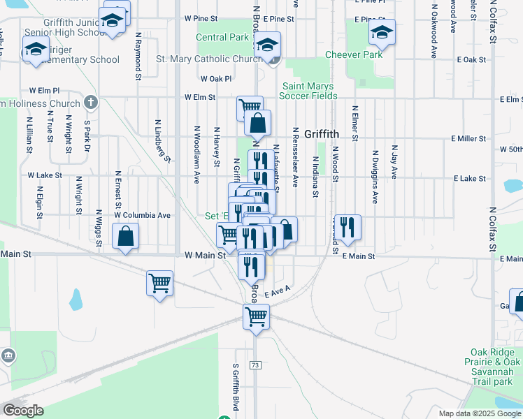 map of restaurants, bars, coffee shops, grocery stores, and more near in Griffith