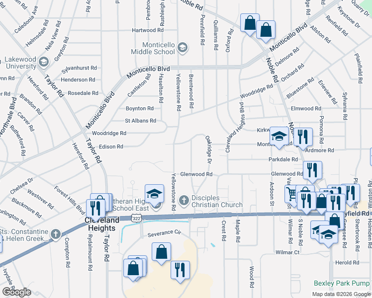 map of restaurants, bars, coffee shops, grocery stores, and more near 1294 Inglewood Drive in Cleveland Heights