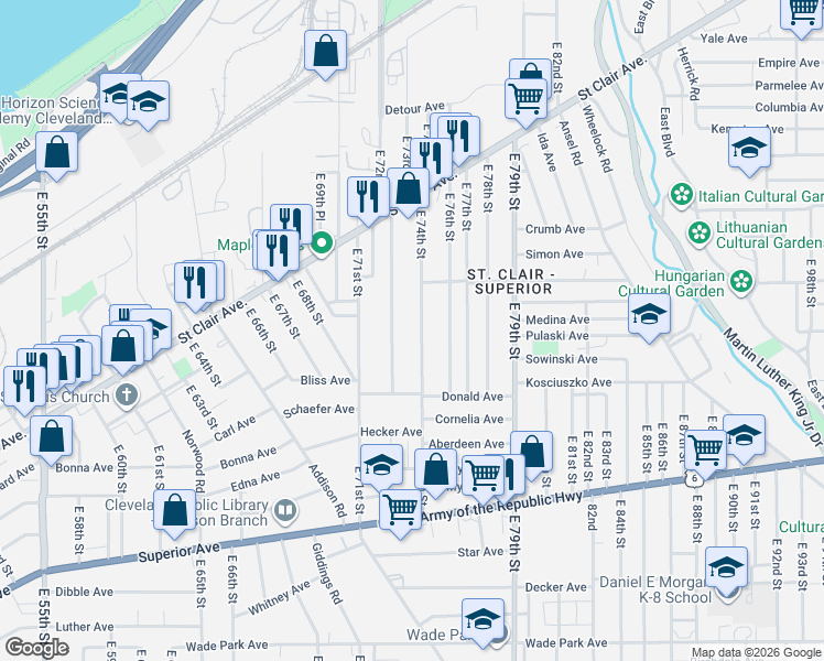 map of restaurants, bars, coffee shops, grocery stores, and more near 1114 East 74th Street in Cleveland