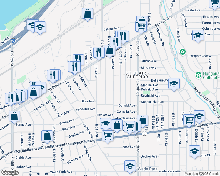 map of restaurants, bars, coffee shops, grocery stores, and more near 1114 East 74th Street in Cleveland