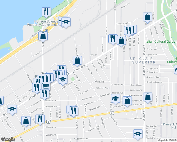 map of restaurants, bars, coffee shops, grocery stores, and more near 1094 East 66th Street in Cleveland