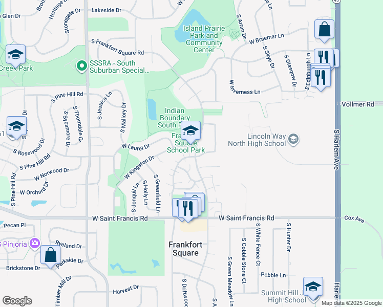 map of restaurants, bars, coffee shops, grocery stores, and more near 20108 South Frankfort Square Road in Frankfort