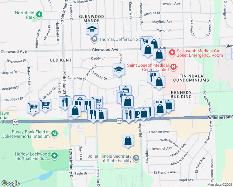 map of restaurants, bars, coffee shops, grocery stores, and more near 100 Key Court in Joliet