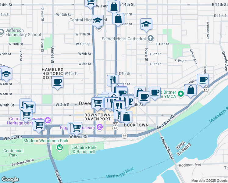 map of restaurants, bars, coffee shops, grocery stores, and more near 100 West 5th Street in Davenport