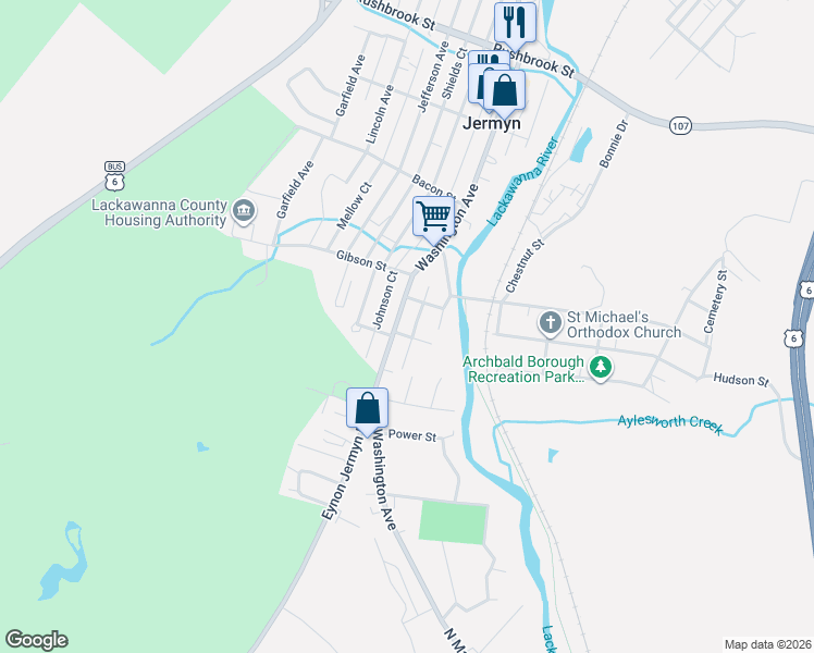 map of restaurants, bars, coffee shops, grocery stores, and more near 326 Washington Avenue in Jermyn