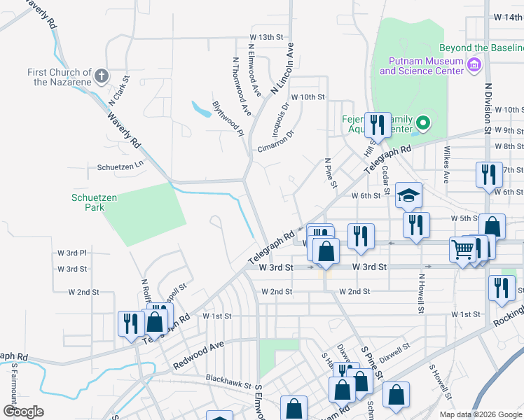 map of restaurants, bars, coffee shops, grocery stores, and more near 445 Waverly Road in Davenport