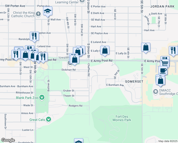 map of restaurants, bars, coffee shops, grocery stores, and more near 6520 Chaffee Road in Des Moines