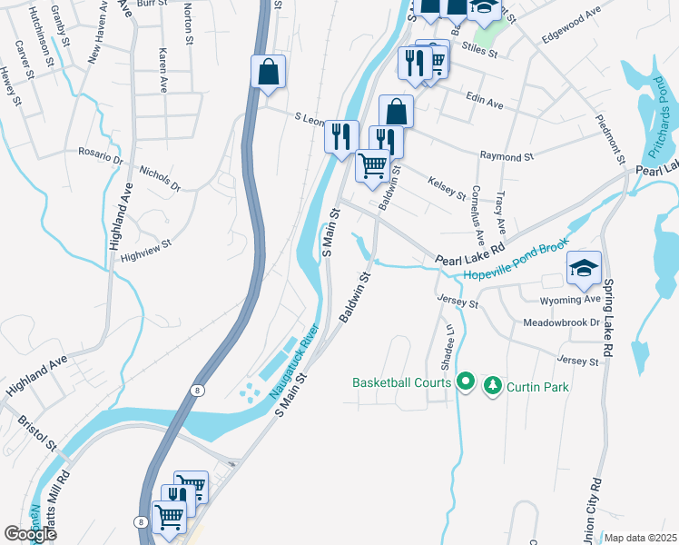 map of restaurants, bars, coffee shops, grocery stores, and more near 2391 South Main Street in Waterbury
