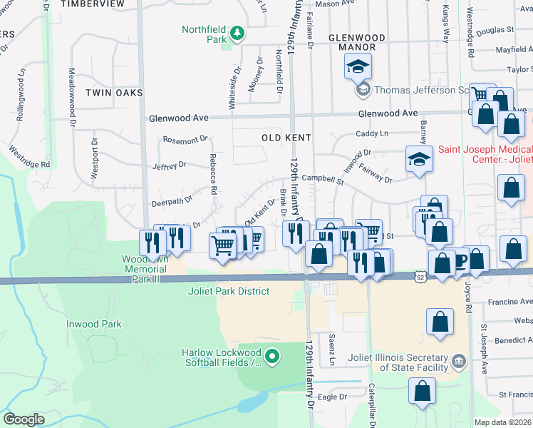 map of restaurants, bars, coffee shops, grocery stores, and more near 2902 Old Kent Drive in Joliet
