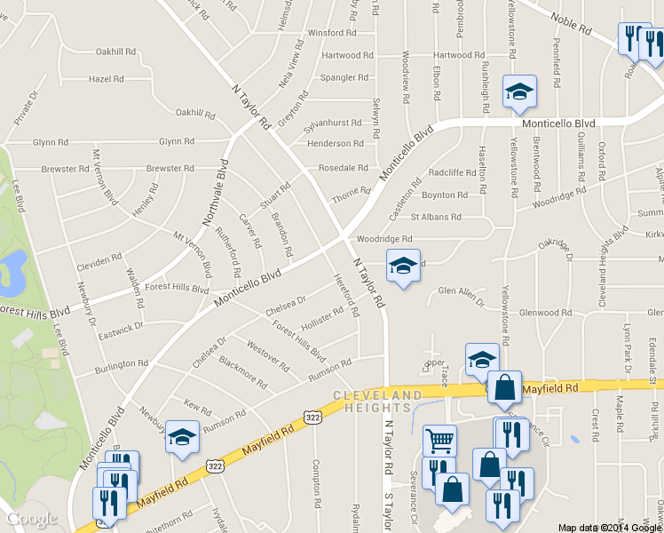 map of restaurants, bars, coffee shops, grocery stores, and more near 1152 Hereford Road in Cleveland Heights