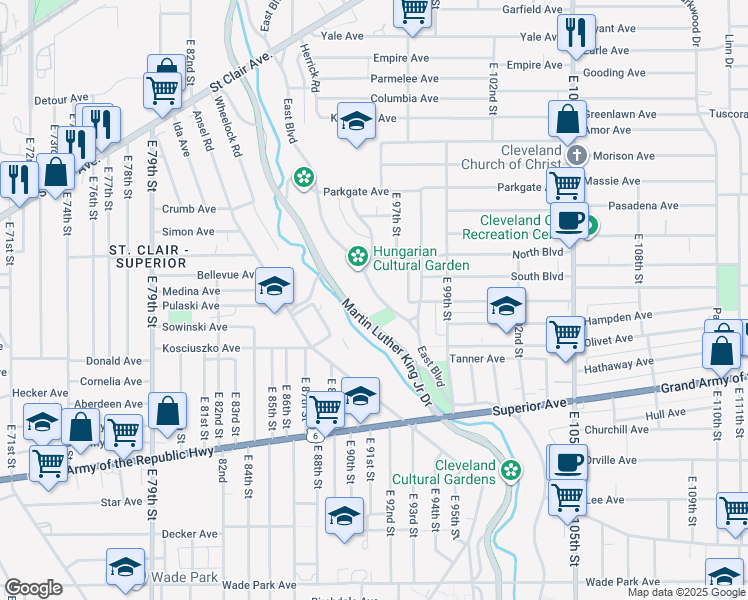 map of restaurants, bars, coffee shops, grocery stores, and more near 700 East Boulevard in Cleveland