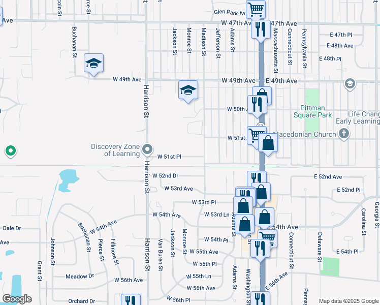 map of restaurants, bars, coffee shops, grocery stores, and more near 439 West 51st Place in Gary