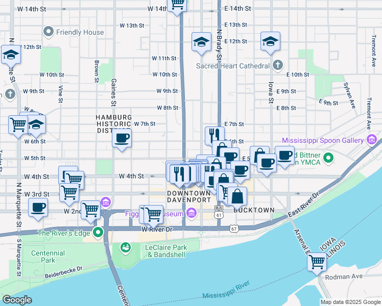 map of restaurants, bars, coffee shops, grocery stores, and more near 220 West 5th Street in Davenport