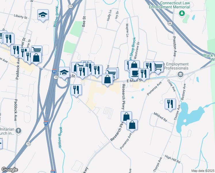 map of restaurants, bars, coffee shops, grocery stores, and more near 1231 East Main Street in Meriden