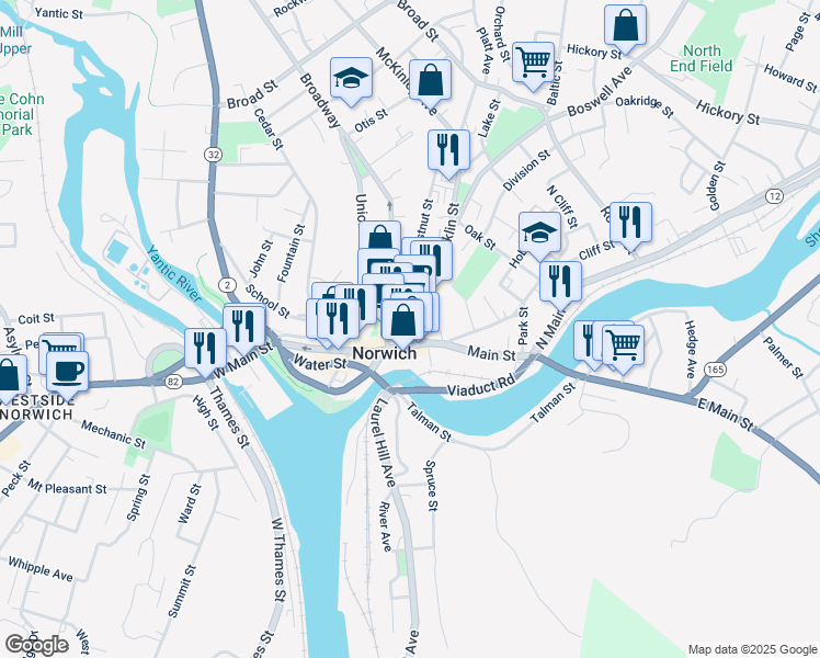 map of restaurants, bars, coffee shops, grocery stores, and more near 16 Franklin Street in Norwich