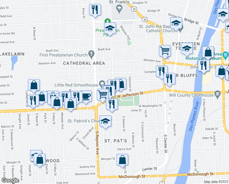 map of restaurants, bars, coffee shops, grocery stores, and more near 108 Wilcox Street in Joliet