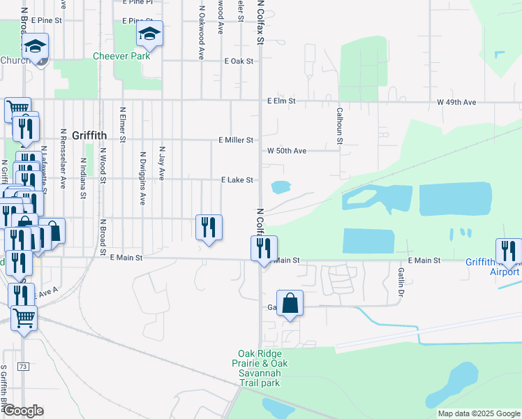 map of restaurants, bars, coffee shops, grocery stores, and more near 205 North Colfax Street in Griffith
