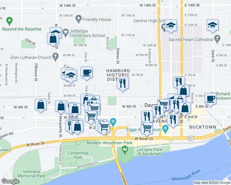 map of restaurants, bars, coffee shops, grocery stores, and more near 510 Gaines Street in Davenport