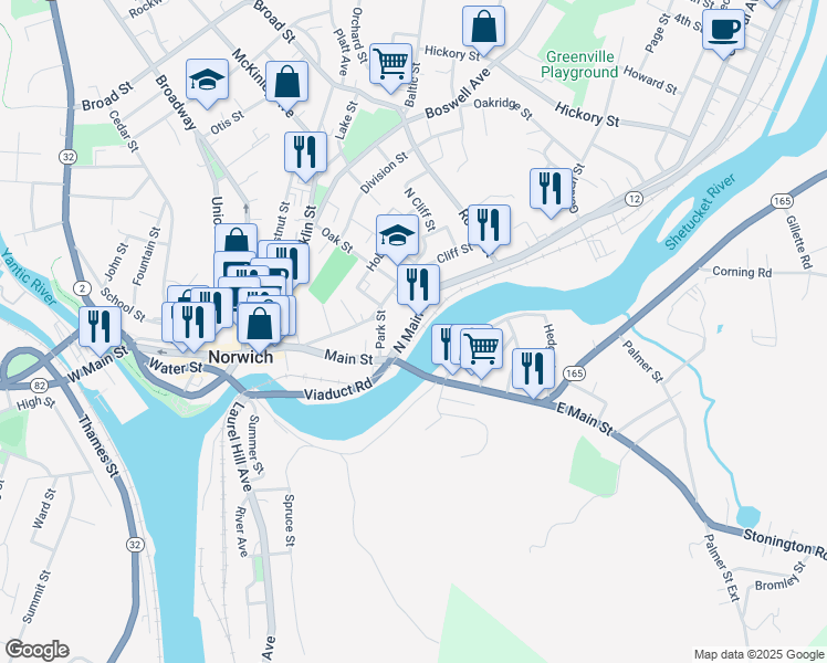 map of restaurants, bars, coffee shops, grocery stores, and more near 27 North Main Street in Norwich