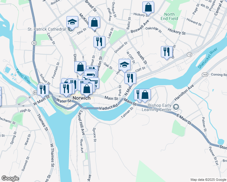 map of restaurants, bars, coffee shops, grocery stores, and more near in Norwich